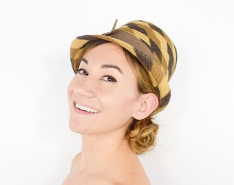 60s Cloche Hat | Tan Brown Wool Hat with Bow