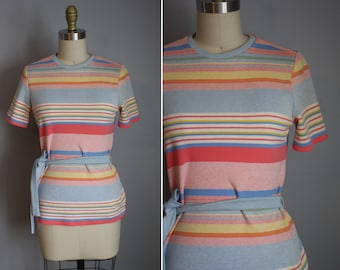 Early 1970s Knit Top // Pastel Stripes // Small