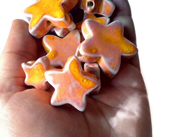 Orange star bead, ceramic bead, glazed bead, handmade bead, porcelain bead for jewelry making, stoneware bead, individual bead, star pendant