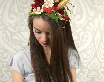 Horned Headdress, Gold, Red, White, Woodland, Costume Headpiece, Maenad, Dragon Horns, Satyr, Faun, Fantasy, Flower Crown