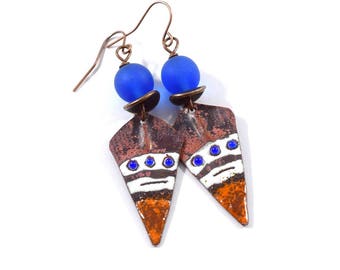 Handmade Blue and Copper Earrings, Enameled Earrings, Blue Earrings, Copper Earrings, Artisan Earrings, Boho Earrings, OOAK Earrings, AE133