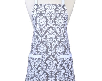 Womens Cute Gray and White Dandy Damask Apron Traditional Kitchen Chef with Pockets and Adjustable Neck