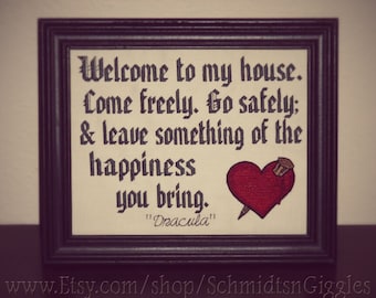 Bram Stoker Dracula quote " Transylvanian Hospitality " 8x10" stitched framed sign classic horror buff movie lover gift funny Welcome sign