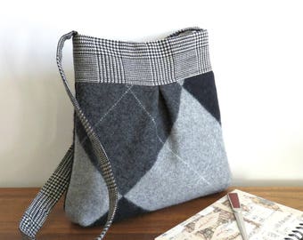 Gray and Black Argyle BELLA Handbag, Upcycled Wool Sweater Purse, Shoulder Bag