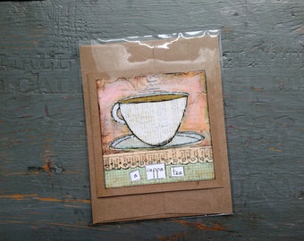 SALE! Teacup card, Tea Art, Whimsical Tea, Tea Card, Sale Card, Clearance Card, greeting card note card, Mixed Media Art, A Cuppa Tea