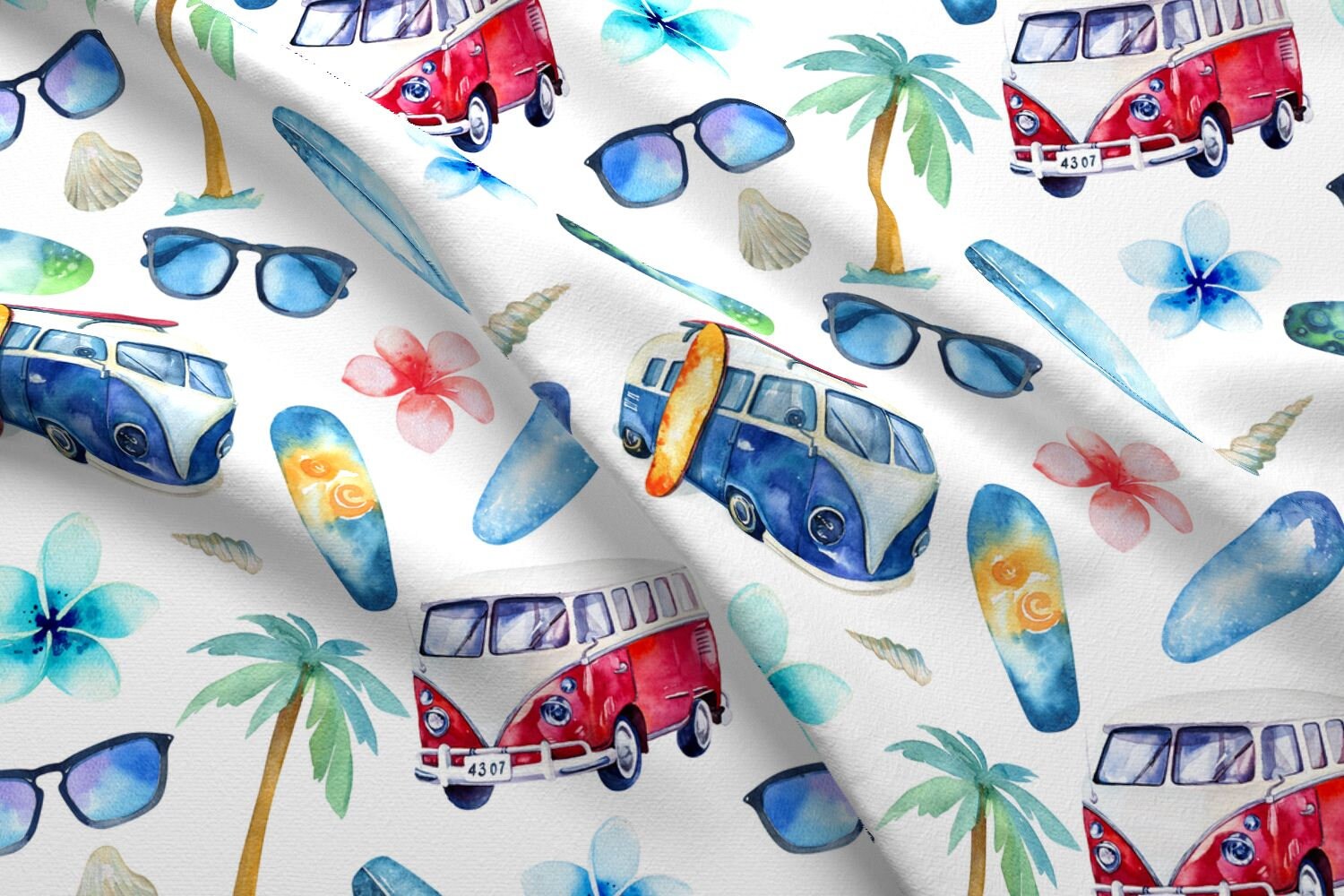 Watercolor Boho Surf Fabric Surfing Pattern By