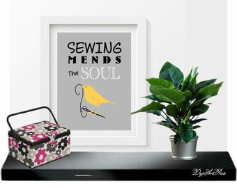 Sewing Mends The Soul Art Print, Sewing Room Decor, Bird, Needle and Thread, Seamstress Gift