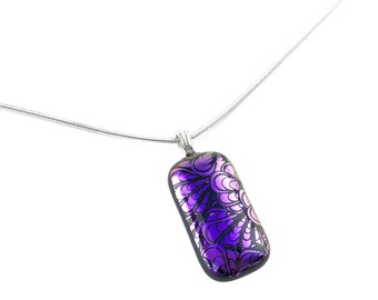 Pendant Necklace, Purple Fan Pattern, Dichroic Glass, Fashion Jewelry