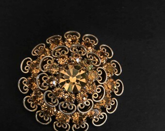 Topaz Rhinestone and Scrolled Domed Brooch