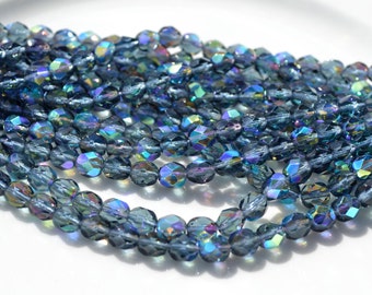 Montana Blue AB 6mm Faceted Fire Polish Round Czech Glass Beads 25