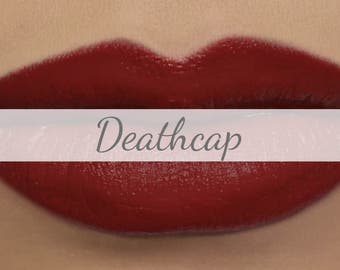 Vegan Matte Red Lipstick Sample - "Deathcap" deep true red natural lipstick with organic ingredients