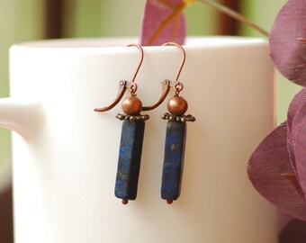 Lapis Lazuli sticks copper earrings Blue Earrings Gemstone Earrings Lapis Dangle Earrings Long Earrings Birthday Gift for Her Small Earrings