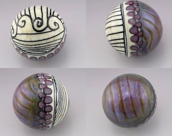 SRA Lampwork Marble Glass Marble Collectible Art Glass Purple Marble Ivory and Black Linework Scrollwork Marble OOAK Heather Behrendt 5196