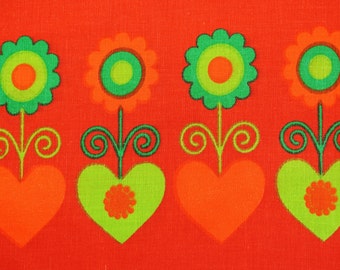 Unusual Swedish retro vintage 1960s printed cotton conventionalized design tabelcloth with heart/ flower motive on strong red bottomcolor