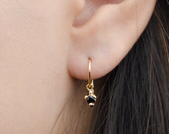 Dainty Black Spinel Drop Earrings, Sterling Silver, Gold Plated, Pendulum Earrings, Minimalist Dangle Earrings, Gift for Mom, DGE001BSP