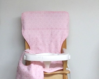 eddie bauer padded cotton high chair cushion, kids feeding chair pad, replacement cover, gold and white dots on soft pinkwith matching bib