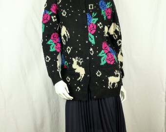 Shetland wool cardigan Vintage 90s clothing Women hand knit animal deer and colorful floral black cardigan sweater Bohemian clothing S
