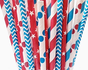 Stars & Stripes Paper Straws - 50 Patriotic Red white blue chevron 4th of July Straw -Summer BBQ USA