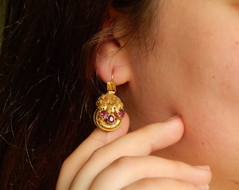 victorian antique earrings in 18ct gold and amethyst - etruscan jewelry