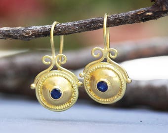 Sapphire Earrings, Gold Sapphire Earrings, Bridal Earrings, Solid Gold Earrings, Ethnic Gold Earrings, Boho Earrings, 18k Drop earrings, 14k