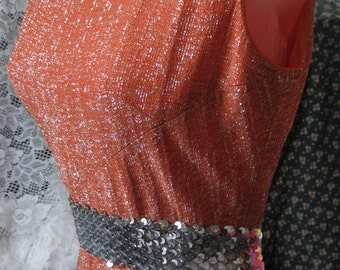 1960s Metallic Orange dress, SILVER METALLIC threaded Orange dress