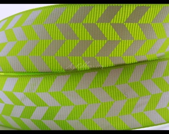 Lime Green and White Geometric Pattern Herringbone Print Grosgrain Ribbon 1" Wide Scrapbooking HairBows Parties DIY Projects AZ123
