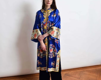 Embrodiered Chinese Jifu Silk Robe in Cobalt Blue Vintage Asian Court Robe XS S M L