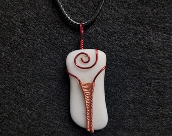 White Quartzite Stone Necklace Wrapped with Bronze Woven Wire