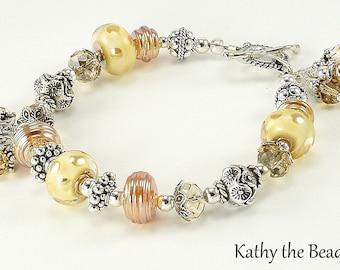 Lampwork Bracelet - Golden Ivory Lampwork Bali and Karen Hill TribenSterling Silver Bead Bracelet - KTBL