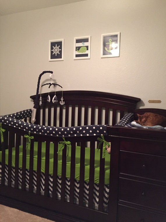 Custom Crib Bedding Lime Green Chevron Navy Blue And Grey
