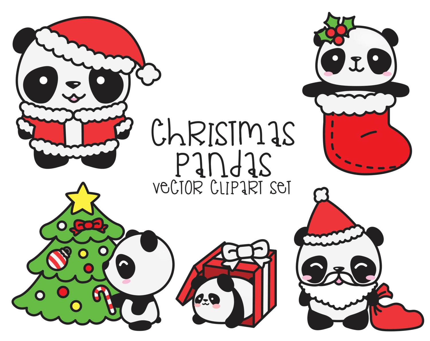 Premium Vector Clipart Kawaii Christmas Pandas Cute