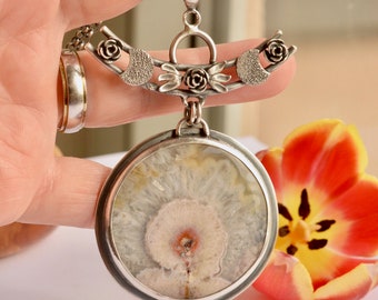 Plume Agate Necklace, Unique Stone Jewelry, Botanical Jewelry, Handmade Silver Necklace, Round Stone Pendant, Silver and Stone, Artisan