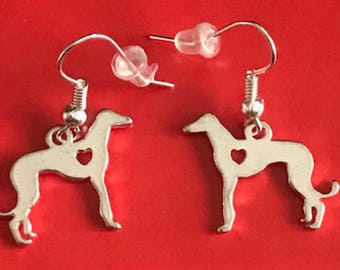 Silver Plated Heart Hound Fishhook Earrings with Protectors, Greyhound or Whippet