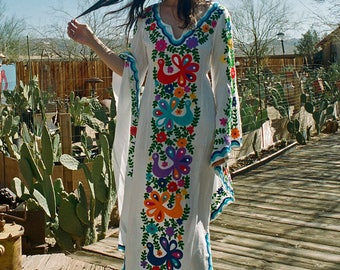 Blue & White Mexican Embroidered Dress, Bohemian Maxi, Chain stitched - READY TO SHIP
