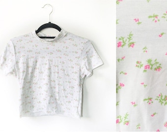 Babydoll Ditsy Floral Crop Top 90s Inspired Made to Order Vintage Fabric Stretches Soft Mock Collar