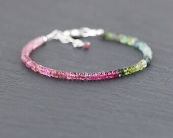 Pink, Green & Blue Tourmaline Beaded Bracelet. Watermelon Tourmaline Stacking Bracelet. Multi Gemstone Bracelet. Sterling Silver. Rose Gold