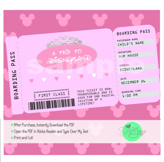 printable ticket to disneyworlddisneyland customizable