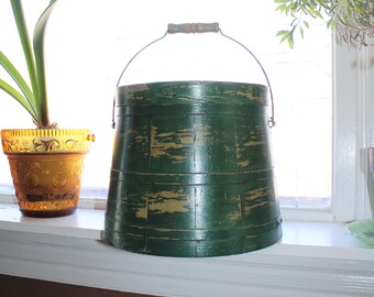 Antique Wood Firkin Green Paint Wooden Bucket with Lid and Bale Handle