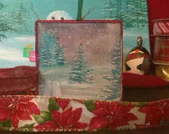 Christmas tree ornament decoration snowmen winter scene holiday acrylic art