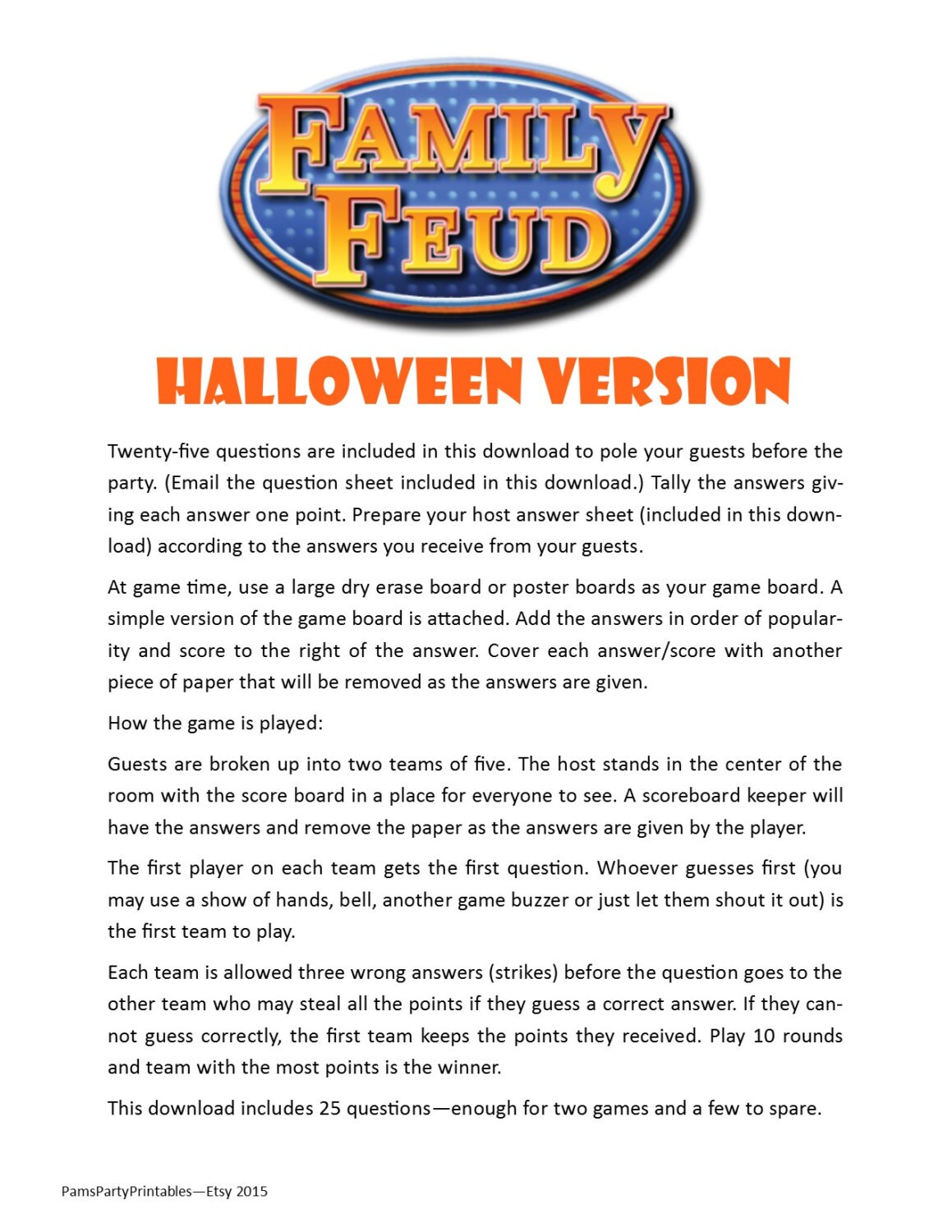 Halloween Family Feud Printable Game Party Halloween Family Feud Printable Game Party