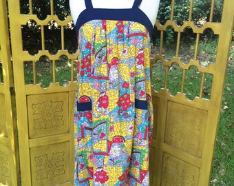 60s sun dress, tent trapeze dress, big pockets and mosiac print, XS S M