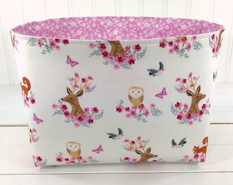 Woodland Nursery Storage Basket Baby Girl Nursery Decor Fabric Basket Fabric Bin Deer Baby Shower Gift Flowers Pink Animals