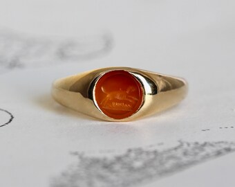 Antique Dog Intaglio Signet, 14k Yellow Gold Victorian Carved Carnelian Seal, Animal Lover Statement Ring