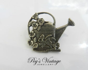 Vintage Birds & Blooms Brooch, Pewter Watering Can Brooch/Pin
