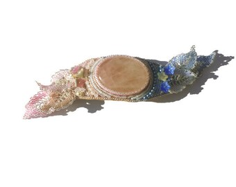 Rose Quartz and Serenity, Beaded Hair Clip, With Peyote Stitch Leaves