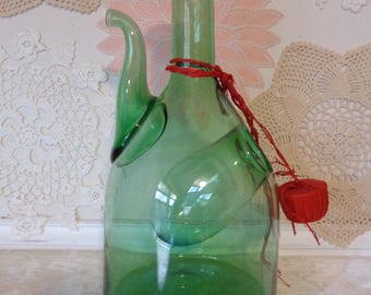 Vintage Green Glass Wine Bottle with ice chamber, hand blown Italian glass bottle, decanter