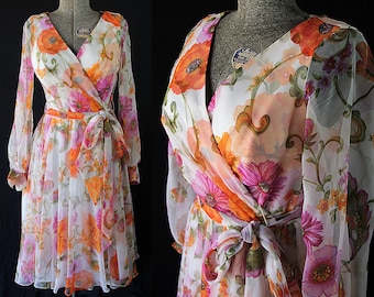 70s Jack Bryan Dress, Watercolor Floral, Chiffon Dress, Mad Men Party, Vintage Wedding