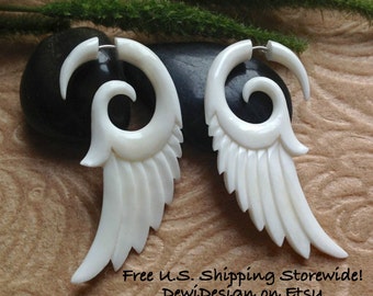Fake Gauge Earrings, "Enchanting" Naturally Organic, Hand Carved, Bone, Tribal