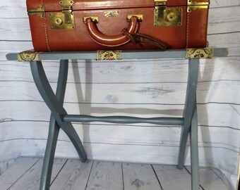Luggage Rack with Tapestry Straps, Blue Folding Hotel Suitcase Holder, Luggage Valet, Tray Holder, Guest Bedroom Decor, Suitcase Stand