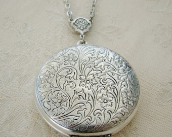 Large Silver Locket Wife Sister Wedding Bride Bridesmaid Mother Birthday Daughter Christmas Hanukkah Antiqued Necklace Pictures - Shanna